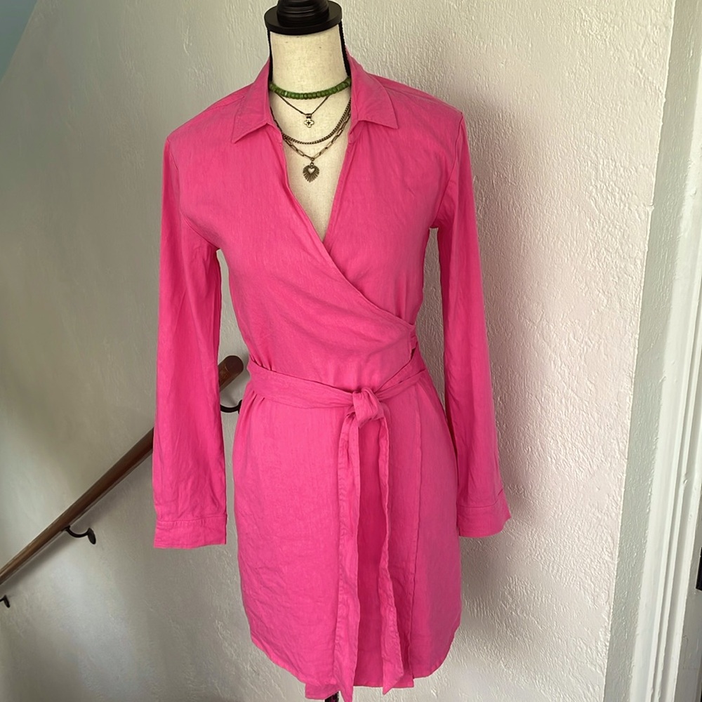Monroe Linen Blend Wrap Shirt Dress‎ Pink Small - Picture 2 of 8